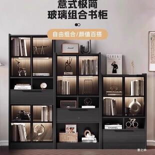 落地格子柜书柜玻璃客纳厅储物柜一体黑楼梯间收柜新XMA款实木色