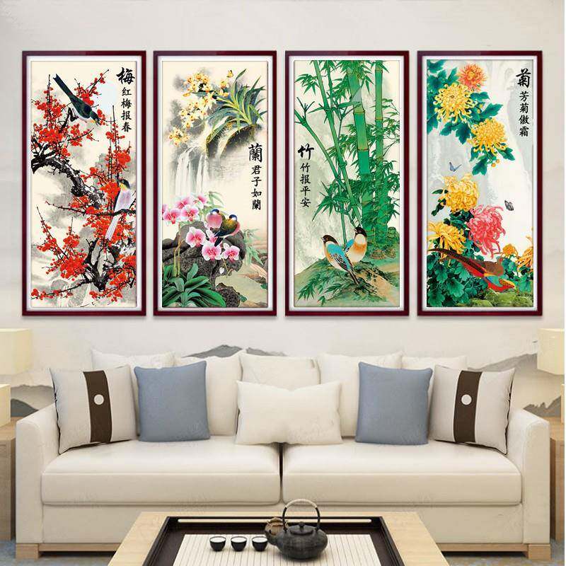 客钻厅四联2画钻石款画02K10295新梅兰竹菊花中式粘砖贴十字绣满