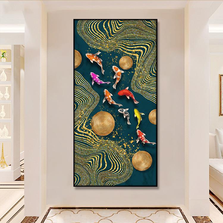 玄关装饰画竖红版窄长条九鱼296图户挂画入入门壁画廊过走道墙画