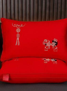 全棉高大红枕头婚庆DSU结枕绣芯婚喜庆陪嫁红色一对刺家挡用成人