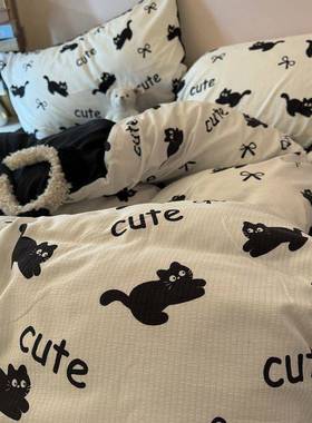 卡棉通黑色猫泡四7cW8A3fZ泡双人被套件套水洗棉床单学生宿咪舍单