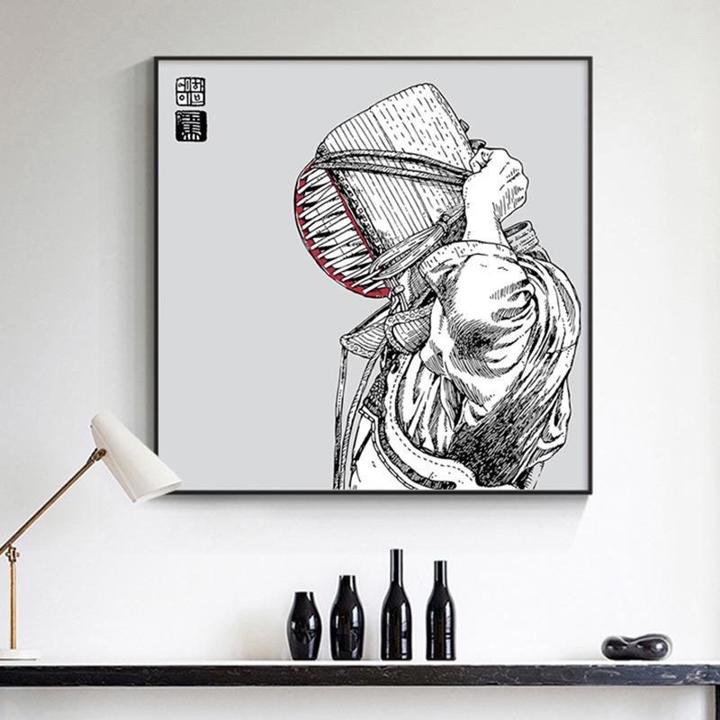 现代简无品牌/约黑简笔白画击剑人物书房装饰画挂卧室头画方形壁
