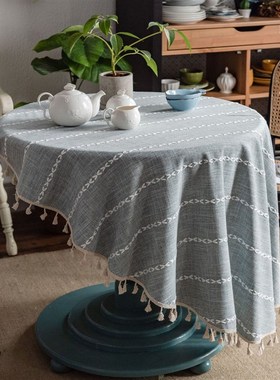 伊缦琪韵桌布黄色色织条纹流苏仿棉麻餐桌布圆桌茶几艺长方形