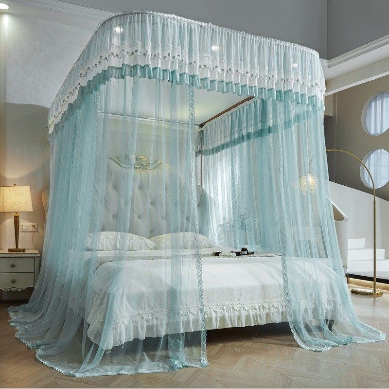 新款U型轨道滑轮导轨蚊帐双层纱加密公主风宫廷落地家用卧室床幔