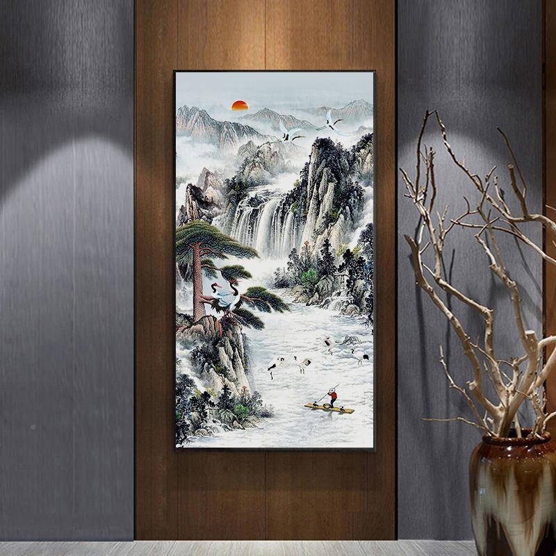 竖入户玄关装廊饰画新中式国画荷花过道装饰壁画走版尽CML头客厅