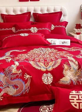 婚庆新四套婚婚大红色被套件纯棉龙凤刺绣结陪嫁床上OOA用品