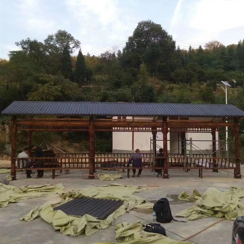 户外防腐木长廊茅草遮阳仿古建凉亭景观家用别墅庭院室外实木亭子