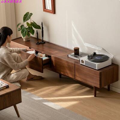 全实木电视现简约客视厅40807地台小户型黑柜胡桃木代高脚储物柜