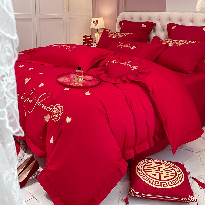 全棉长绒棉庆结婚四床WWW-2023件套纯棉红色陪嫁婚喜房被子新婚婚