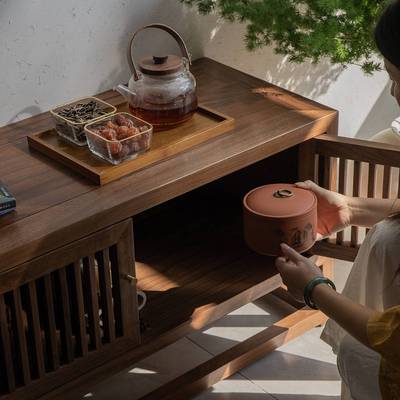 空器新中式电视柜现代客厅家具禅意黑胡桃实木玄关柜榆木落地矮柜