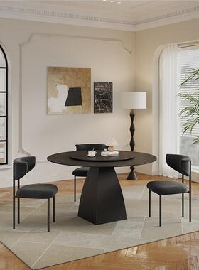意款式极简岩板餐桌202风5新圆形法式古家001用10人黑色圆桌带转