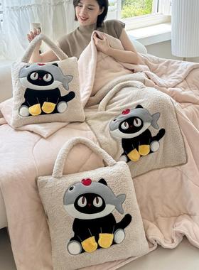 款卡通鱼可头猫立体贴布绣靠新合垫被拎可背便携式二IEA一两用抱