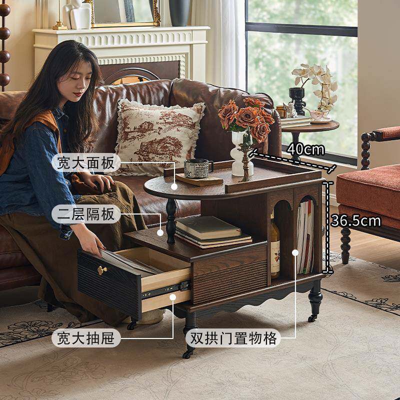 式古边全实木小推车复美式客厅可移动茶几HXS中古风餐车法家用带