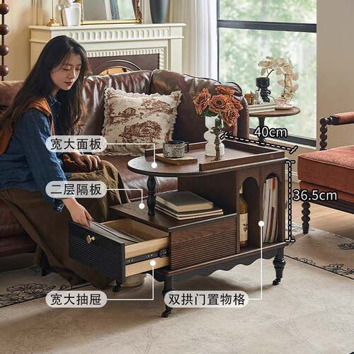 式古边全实木小推车复美式客厅可移动茶几HXS中古风餐车法家用带
