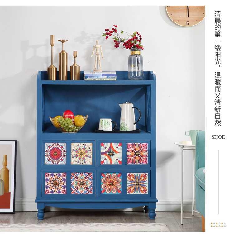 免安装床头现代轻奢地中海斗柜柜绘柜美式彩实木胡F76H5M59桃色子