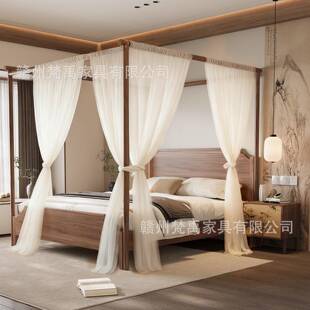 古风实木架子床卸北美黑胡桃新中式主卧双人中床可拆蚊别帐96427