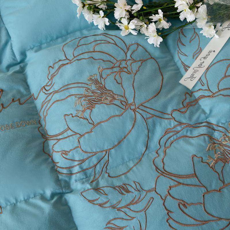 纯棉刺绣牡丹花双层立羽绒被自充绒JRC半壳成品静音款棉被纯体套