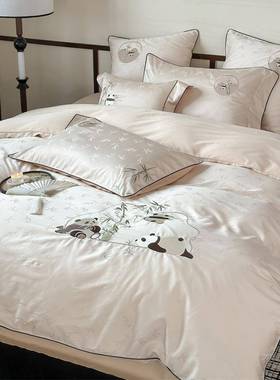 新中轻奢00s澳1棉四件国RCZ风高密熊猫提花刺绣被套套式床单床品