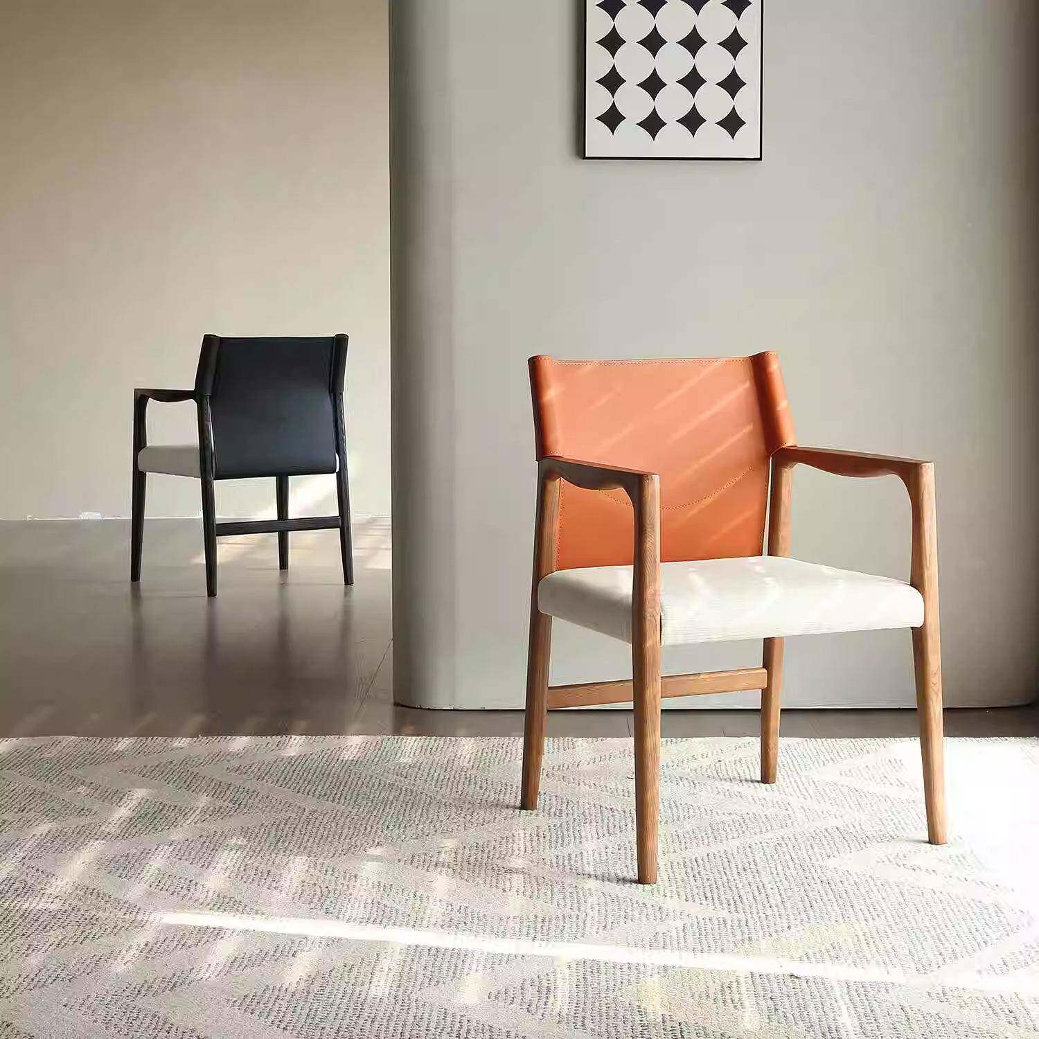 侘界中古风实木餐椅茶靠客人背椅FGM扶手椅椅设师马鞍皮茶椅主人