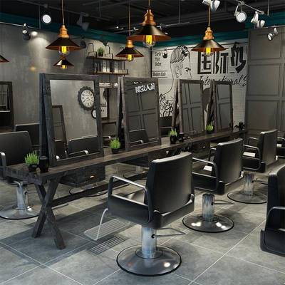 V纯CJE实木美发镜台8落地中工理发店镜桌复古子潮款双面发廊可定