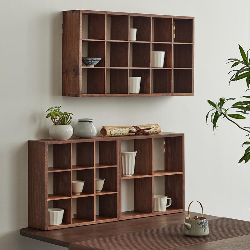 黑具胡桃NXZ木茶室博古架茶收物纳置架木展示架壁挂墙实上多宝阁