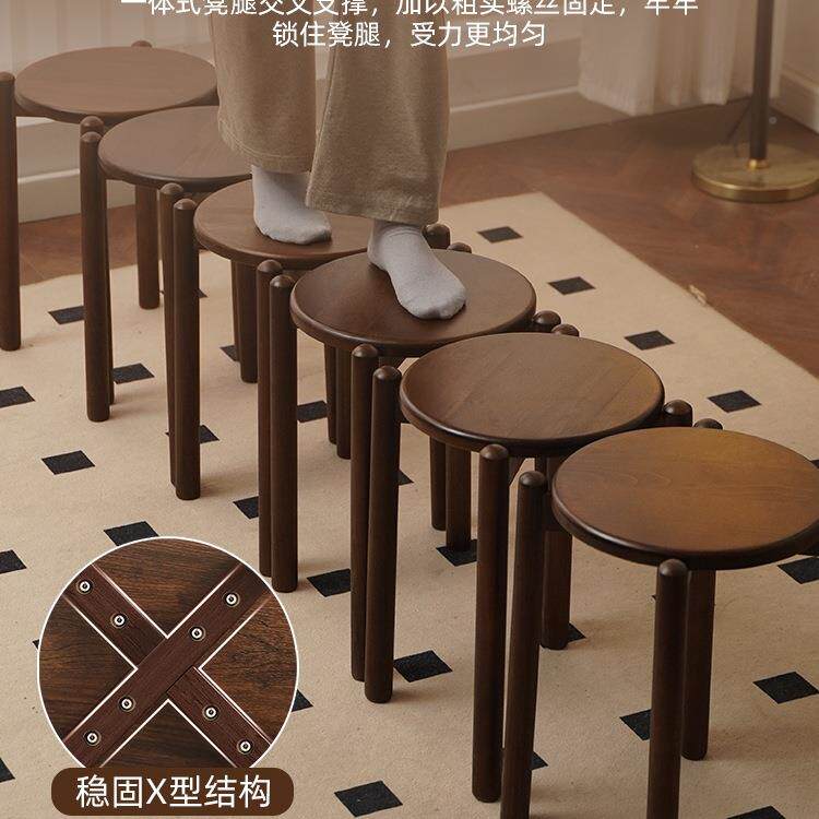 实木凳感子家用高凳子可叠放凳圆备用木餐桌椅子结实JPC耐用gω