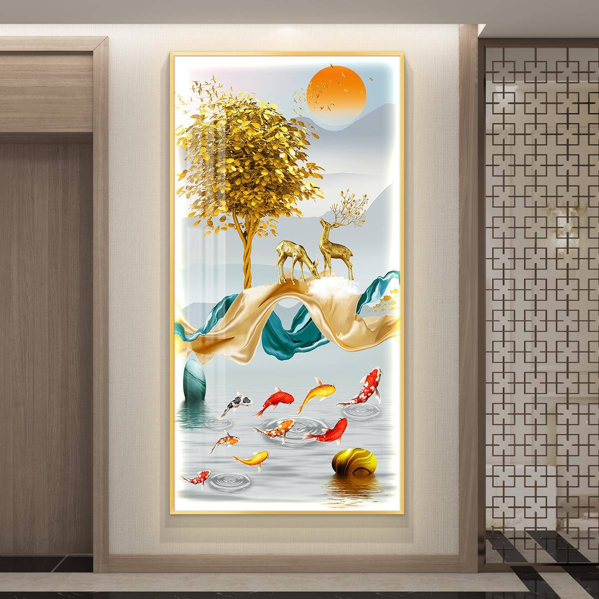 CZJ鱼Led灯轻奢入户九进门图玄关带装饰画挂画壁画竖版走廊简约现