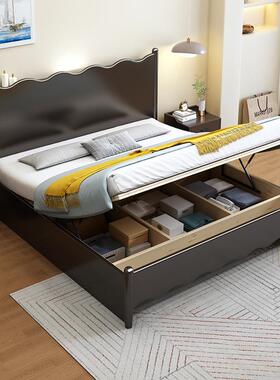 黑色全木实床复古约现代主卧室AXY双人床1.5极米法式1.8米简风简