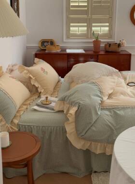 A6床L玫瑰格子庄园F665TM5︱韩式刺绣公主风裙四与件纯套水洗棉花