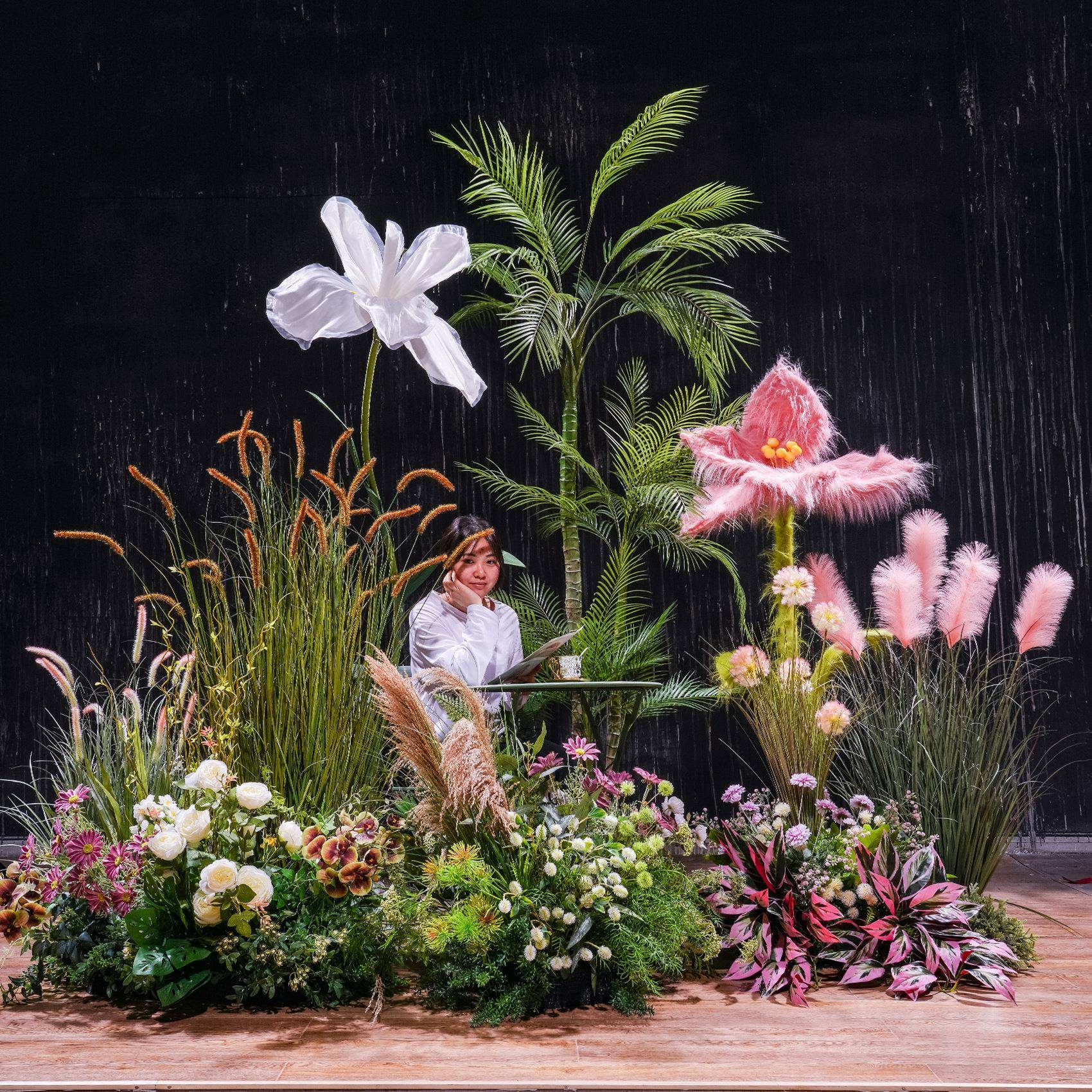 真植软装造景庭院花MYG草饰酒物店餐档厅角落仿生花艺造景装草堆