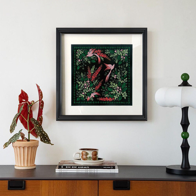 复古中式绿花鸟正方形摆台画