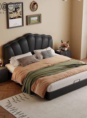 法式极简黑色复皮瓣艺KYG古床轻奢软包床花双皮艺床主卧人大床储