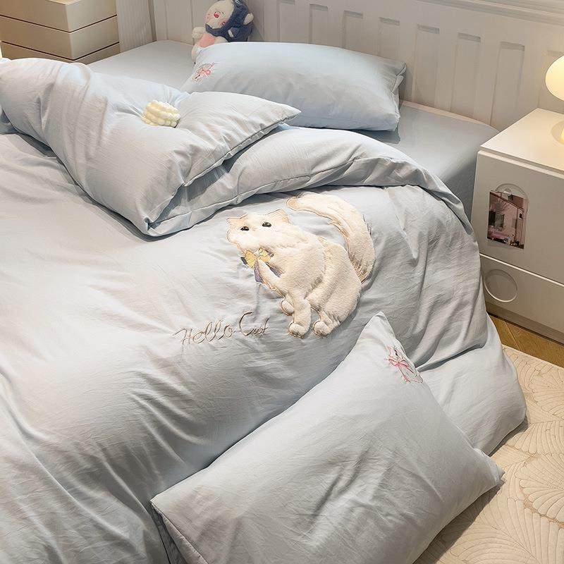 新款家用可爱奶猫款超柔水洗棉重色工刺绣贴绣素布件亲DPC肤四套