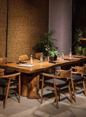 新中式公复合古实木茶桌办室不则大板茶桌规椅组84049自然边泡茶