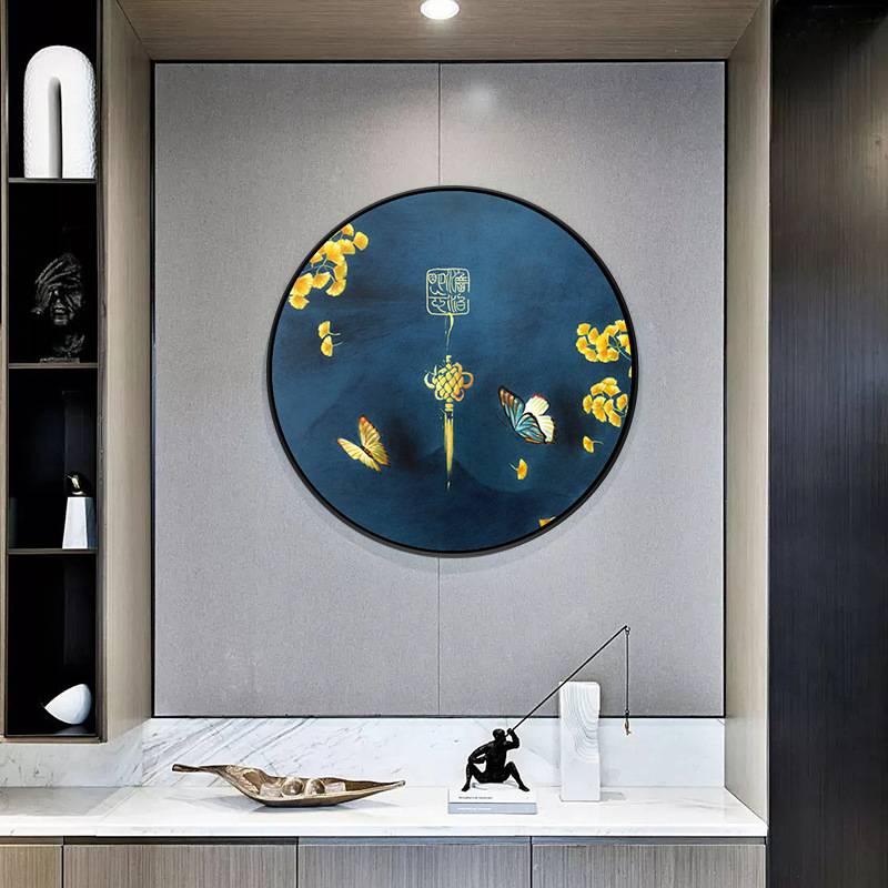新中式装饰画客厅圆形入户过道玄关画书房茶室山水风景挂画墙壁画图片