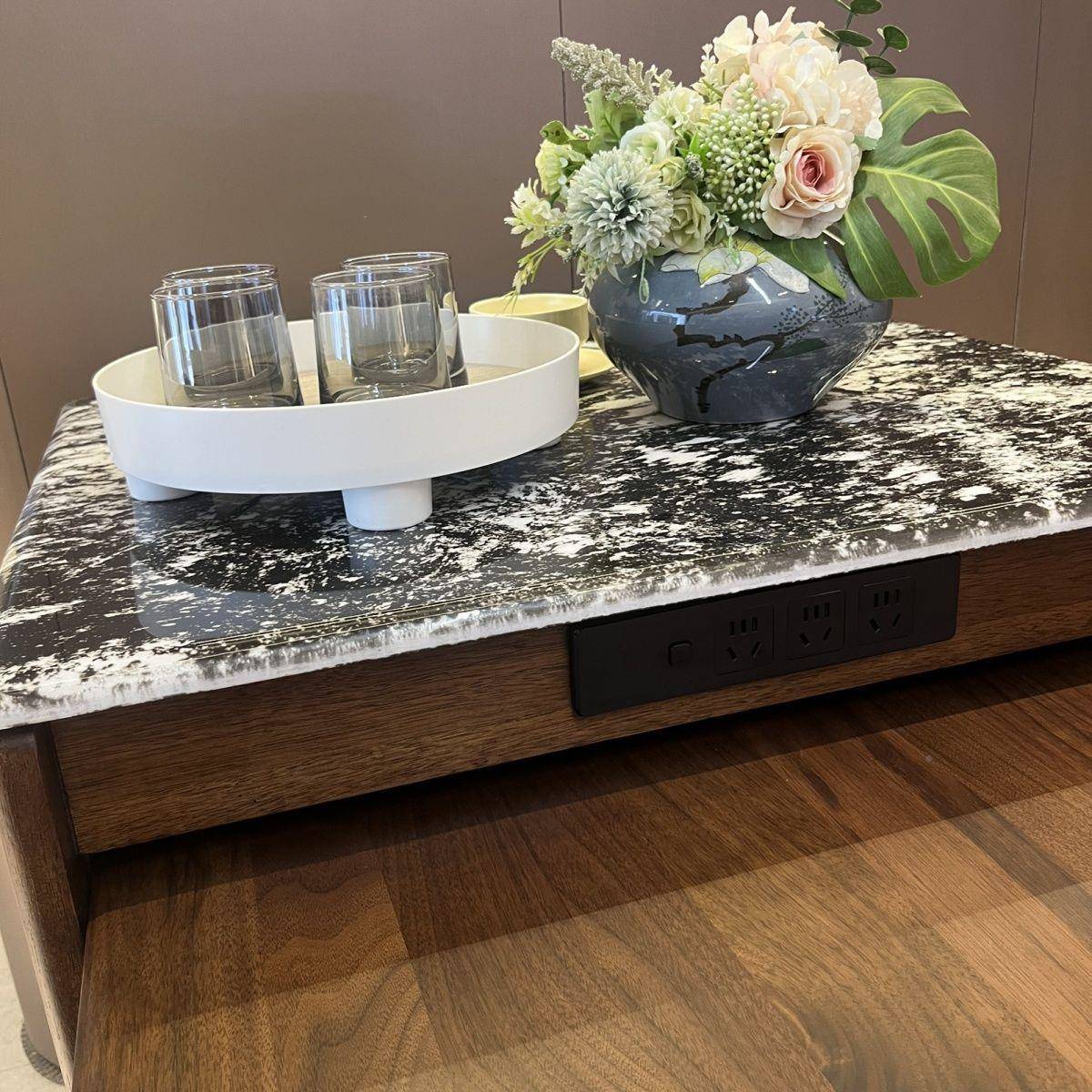 美黑胡北桃实木岛台餐桌一体伸缩厅新X-8301＃中式现代简客约储物