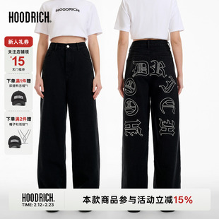HOODRICH黑色哥特字母刺绣直筒阔腿裤春夏潮流宽松复古牛仔裤子