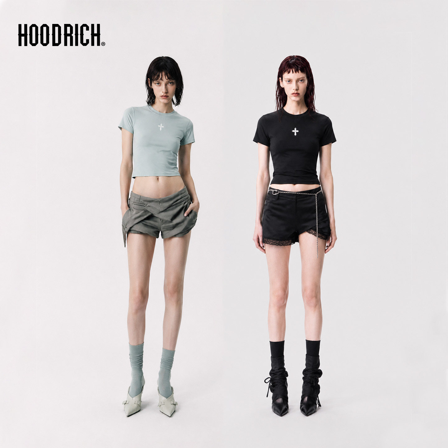HOODRICH十字花简约轻薄裸感弹力正肩短袖夏季辣妹短款修身T恤女