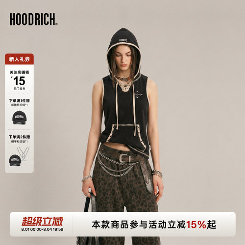 HOODRICH十字花刺绣水洗复古朋克背心夏季辣妹解构设计连帽上衣女
