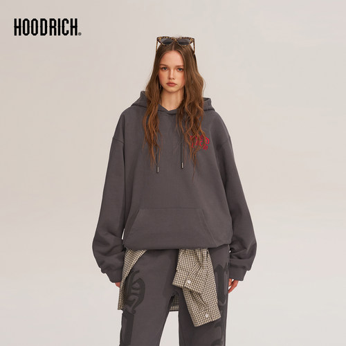 HOODRICH哥特字母抽绳刺绣帽衫潮流秋季百搭休闲连帽卫衣外套男款