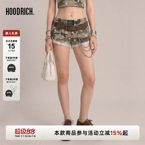 HOODRICH哥特字母迷彩运动修身短裤夏季蕾丝边双层拼接热裤女款