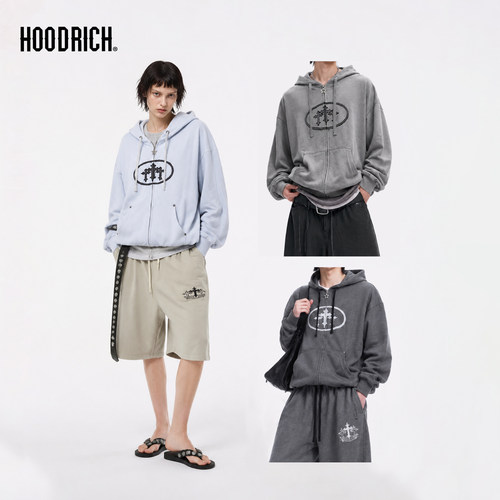 HOODRICH废土风十字刺绣开衫连帽卫衣秋潮牌宽松休闲帽衫男女款