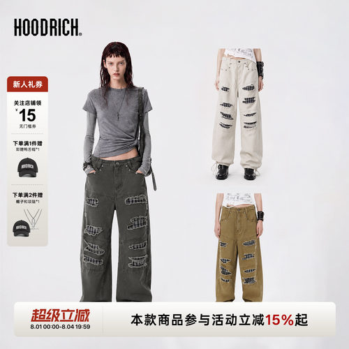HOODRICH水洗做旧雾面质感高街破洞贴布牛仔裤潮流阔腿裤直筒裤女