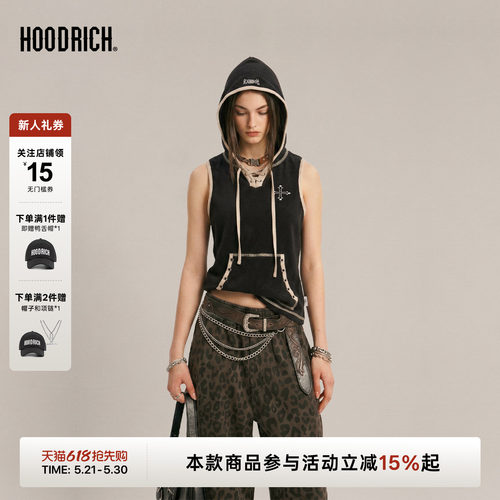 HOODRICH十字花刺绣水洗复古朋克背心夏季辣妹解构设计连帽上衣女