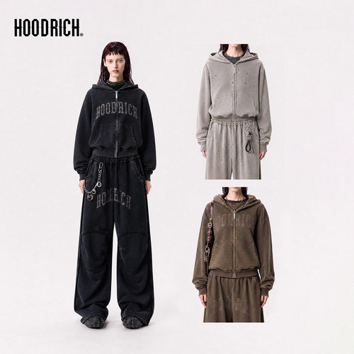 HOODRICH水洗做旧金属烫钻字母连帽卫衣潮流拉链开衫休闲外套短款