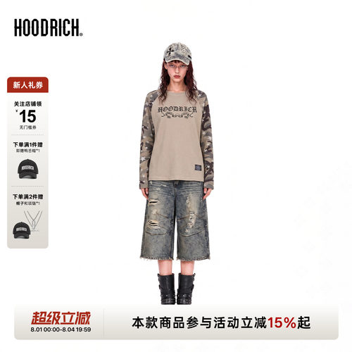 HOODRICH迷彩美式复古插肩袖长袖T恤秋街头运动休闲百搭上衣女款