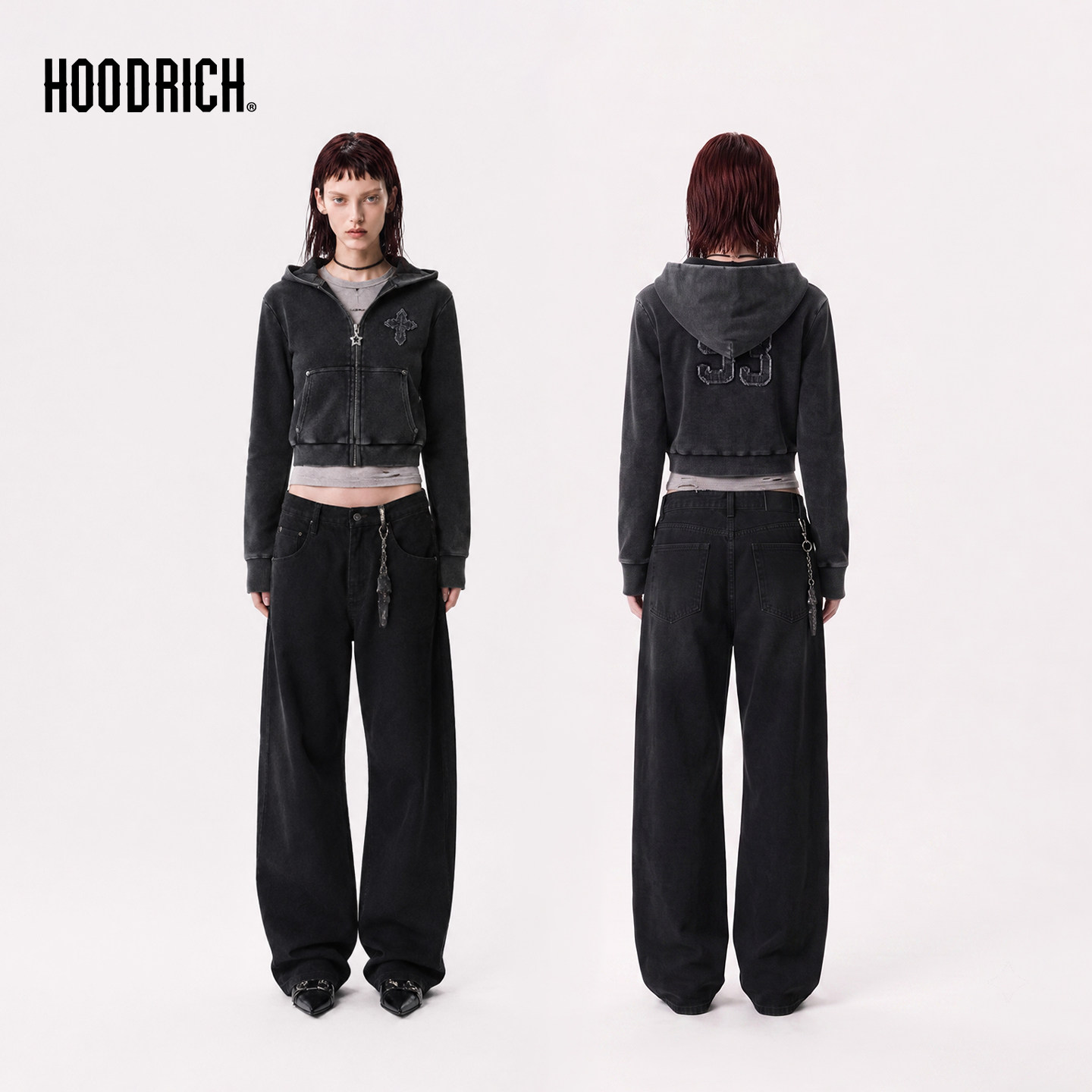 HOODRICH黑色连帽卫衣女秋季拉链开衫休闲套装阔腿裤图片
