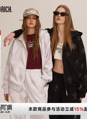 HOODRICH十字架哥特字母烫钻开衫连帽卫衣潮流新款宽松情侣外套女