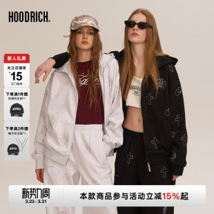 HOODRICH十字架哥特字母烫钻开衫 宽松情侣外套女 连帽卫衣潮流新款