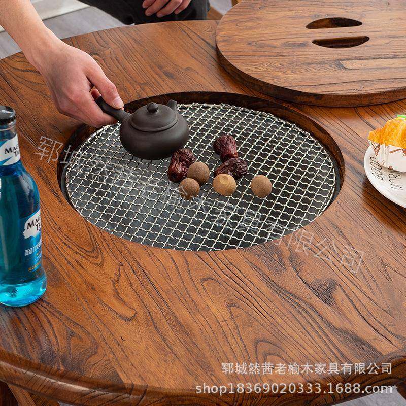 款老榆木围桌户外圆形便捷煮茶桌实木榻榻炉米AWJ茶台冰茶桌小炕